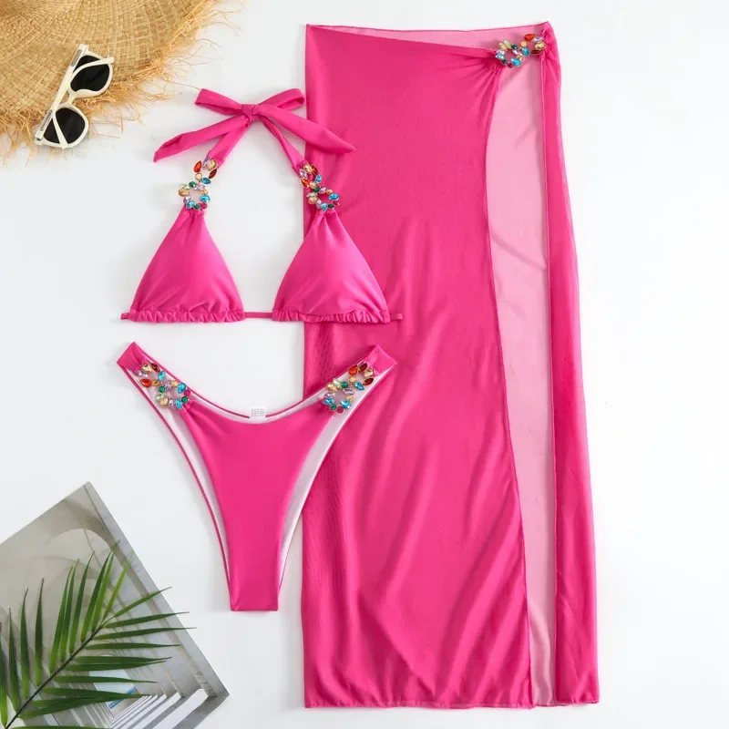 Sexy Bikini Sets Yellow  Rhinestones  2024 Women Swimwear Female Swimsuit Swimming Bathing Suits Brazilian  Set Beachwear Bather