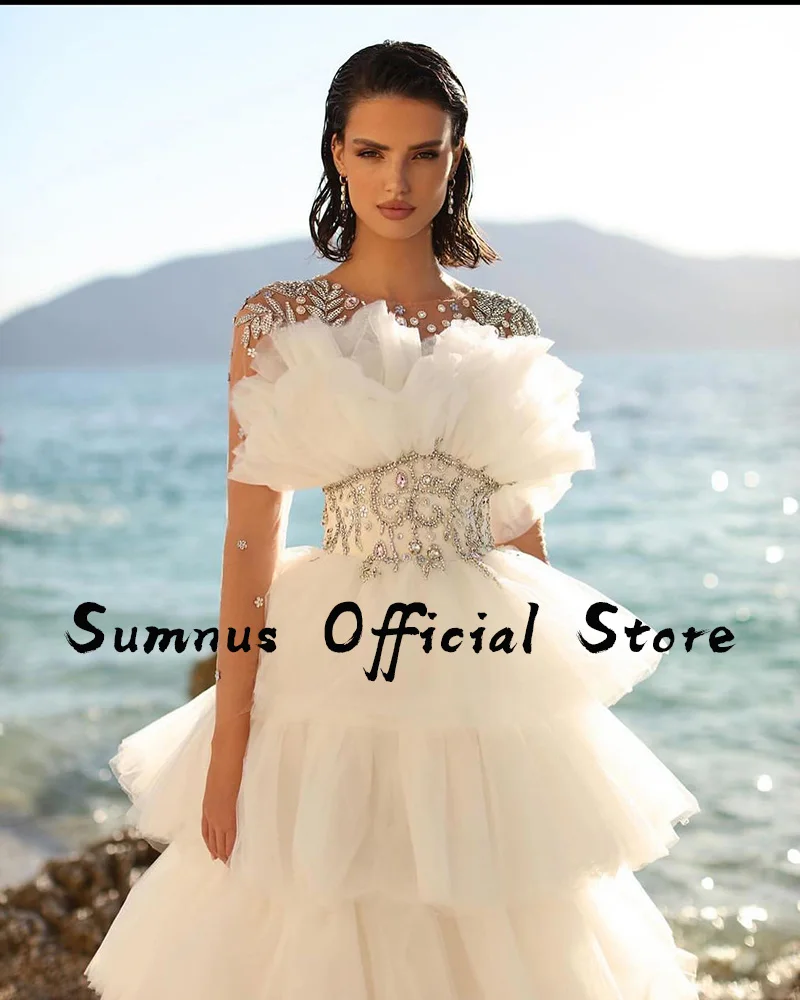 Sumnus luxo praia vestido de casamento 2022 em camadas tule cristal beading perna alta divisão vestido de noiva longo lindo vestidos de noiva