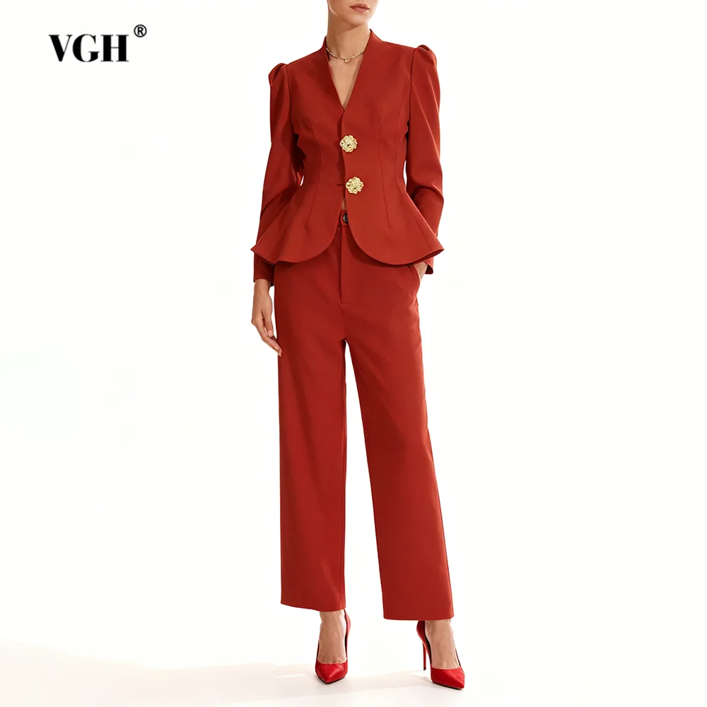 

VGH French Style Casual Solid Two Piece Sets For Women V Neck Long Sleeve Top High Waist Pants Designer Set Female Fashion New