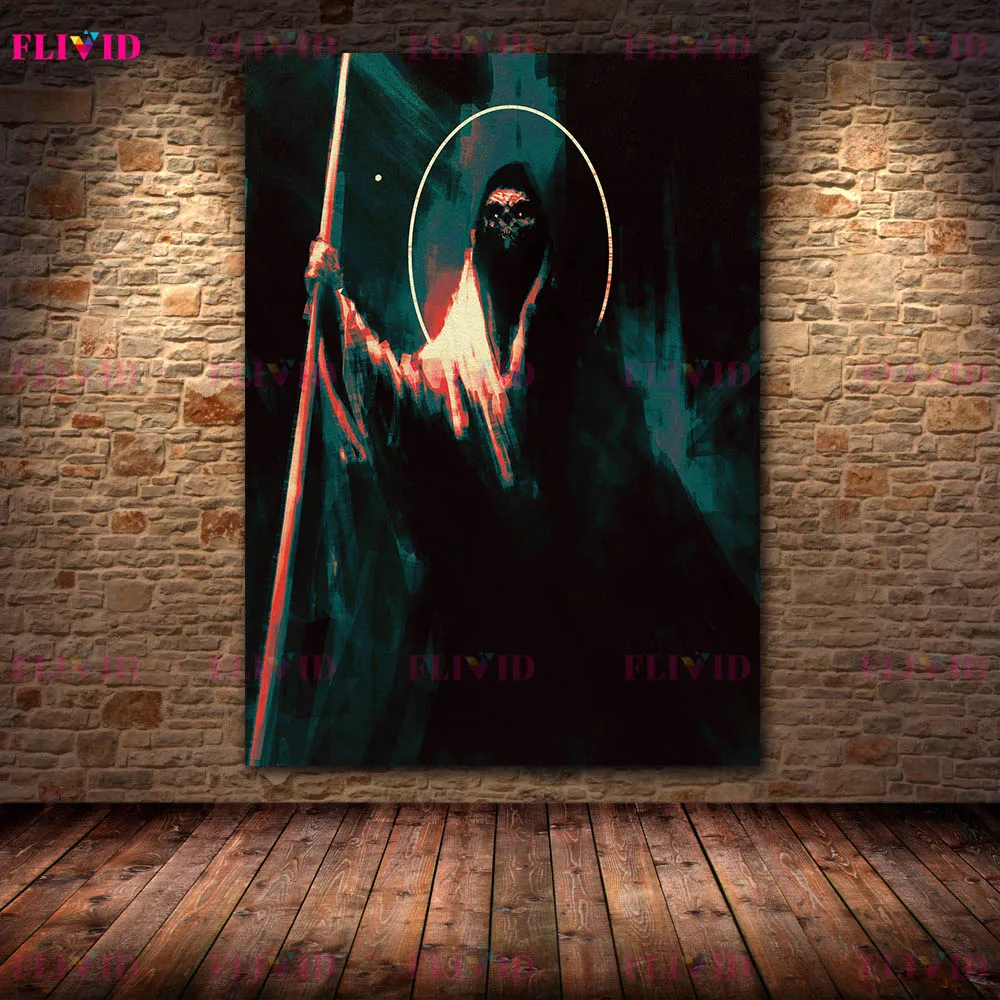 Mystical Dark Sorcerer Canvas Wall Art, Vintage Spooky Skull Reaper Illustration Poster,Unique Halloween Decor for Witchy Room