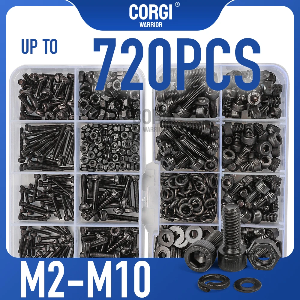 Up to 720 Wholesale M2 M2.5 M3 M4 M5 M6 M8 M10 Metric Hex Socket Head Cap Screws Assortment Kit Black 12.9 Bolt DIN912 Washers