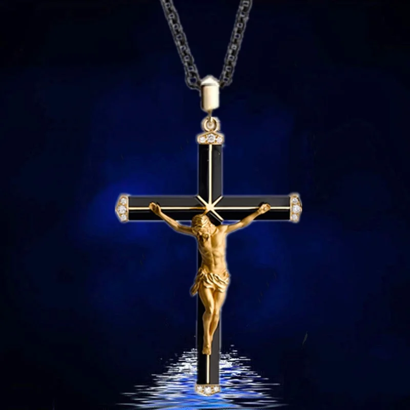 Fashion Two Color Jesus Cross Necklace Religious Belief Jesus Pendant Hip Hop Necklaces for Men Cross Jewelry Anniversary Gift