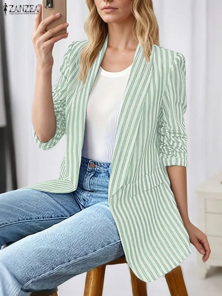 

2025 ZANZEA Autumn Women Blazer Coats Stylish Lapel Neck Long Sleeve Stripe Blazer Suits Elegant OL Work Outwears Thin Jackets
