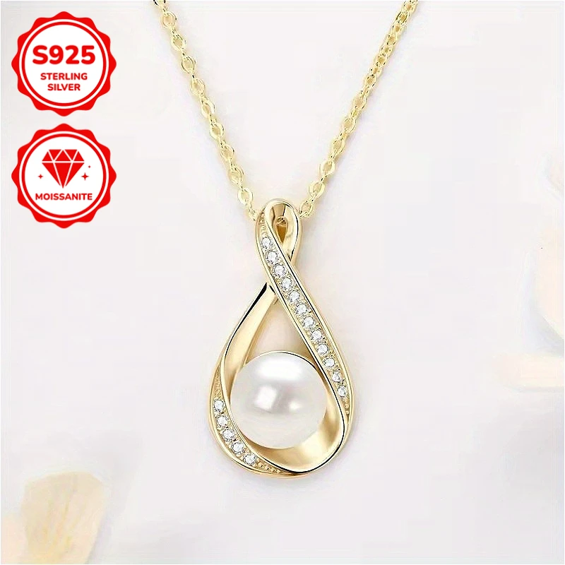 1Pc S925 Sterling Silver Moissanite Freshwater Pearl Pendant Necklace, Would Be The Perfect Gift for Your Wife or Mother.