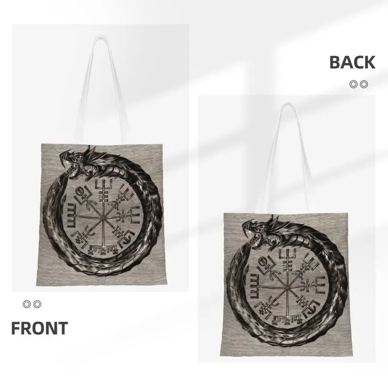 Ouroboros With Vegvisir Grocery Shopping Bag Cute Print Canvas Shopper Shoulder Tote Bags Norse Dragon Viking Compass Handbag