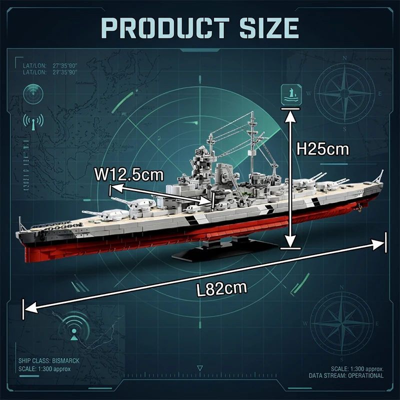 Klemmbausteine 1:300 Bismarck-Klasse Schlachtschiff Bausteine Set Militärisches Kriegsschiff Modellbausatz Jungen Spielzeug Erwachsene Kinder DIY Heimdekoration Geschenk 2686 Teile – Detail 6