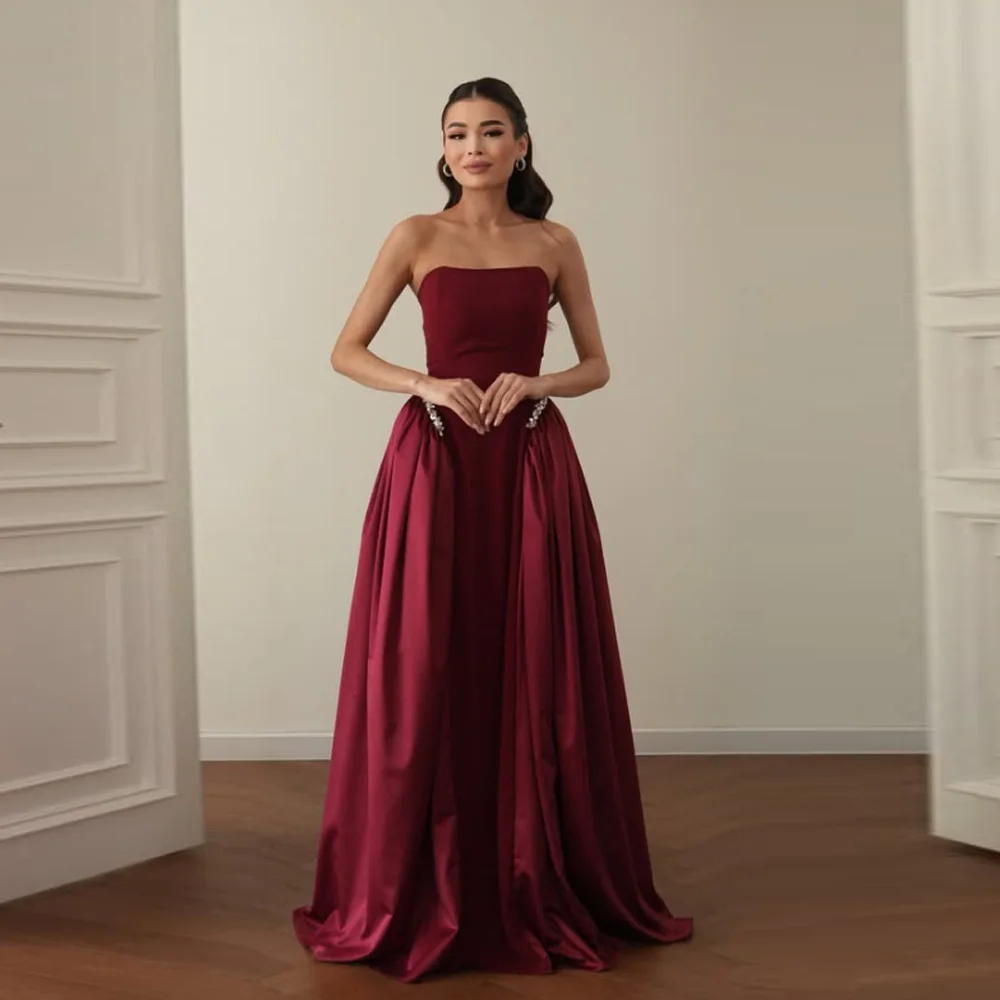 

Customized Long Strapless Satin Evening Dresses A-Line Pearls Pleated Floor Length Watteau Train Prom Dresses for Women