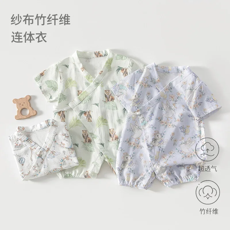 Baby Gauze Romper Baby Summer Climbing Clothes Short-sleeved Bamboo Fiber Romper Children's Summer Air Conditioning Room Clothes
