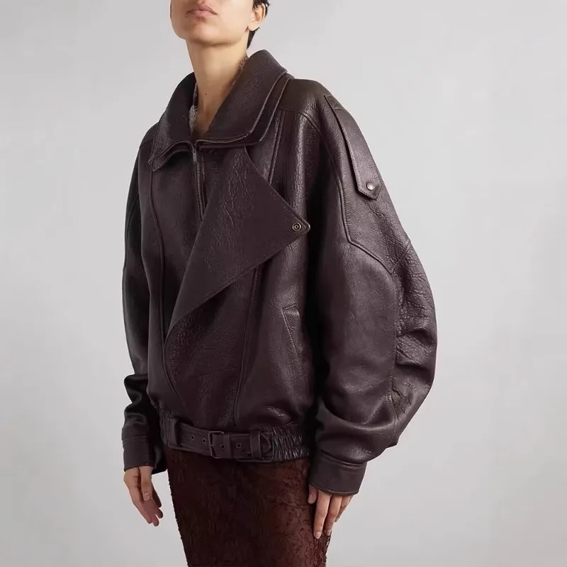 

Vintage Zippers Short Leather Jackets Women's Casual Lapel Button Pockets Full Sleeve Coat 2025 Autumn New Lady Chic Streetwear