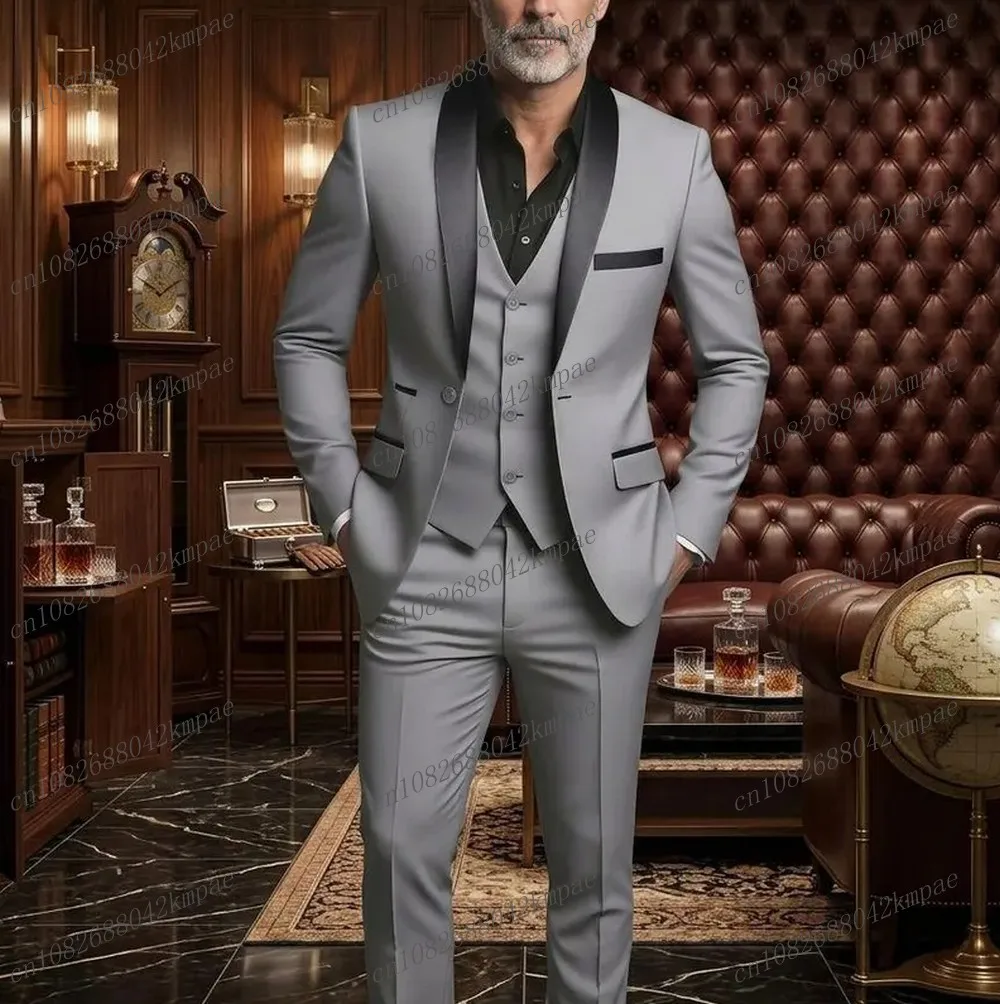 Nuevo Traje Formal Negro con Cuello Gris para Hombre, Traje de Novio, Padrino de Boda, Fiesta, Baile de Graduación, Traje de Negocios Masculino, Conjunto de 3 Piezas: Blazer, Chaleco y Pantalones