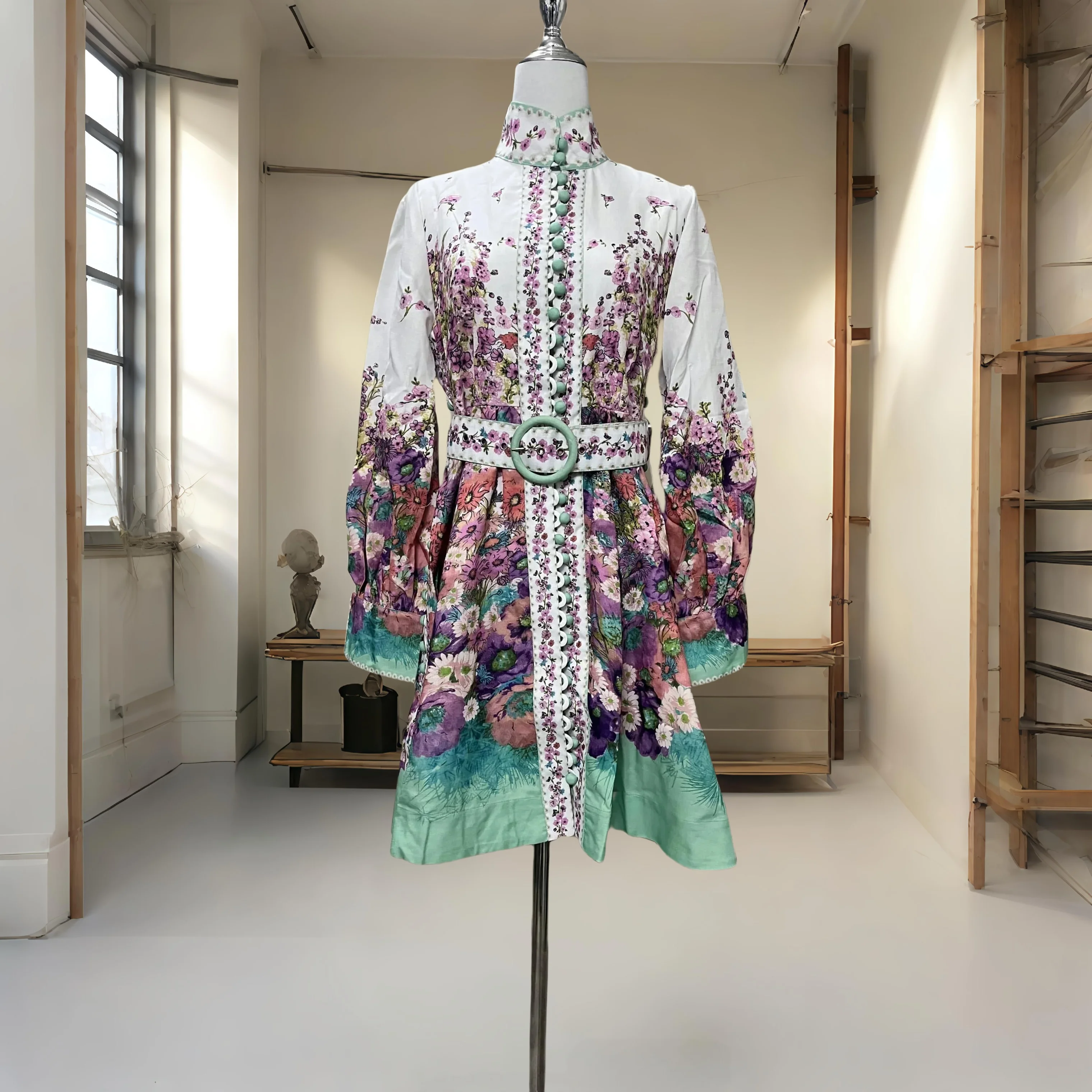 

，，Palace Style Retro Stand Collar Single-Breasted Waist-Cinching Printed Dress for Women, European and American Slimming Elega