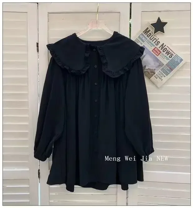 Damenhemden, einfarbig, mit langen Puffärmeln, Peter-Pan-Kragen, koreanischer Stil, modische Oberteile, Retro-Damenbluse, schlicht, lässig, vielseitig kombinierbar. – Detail 21