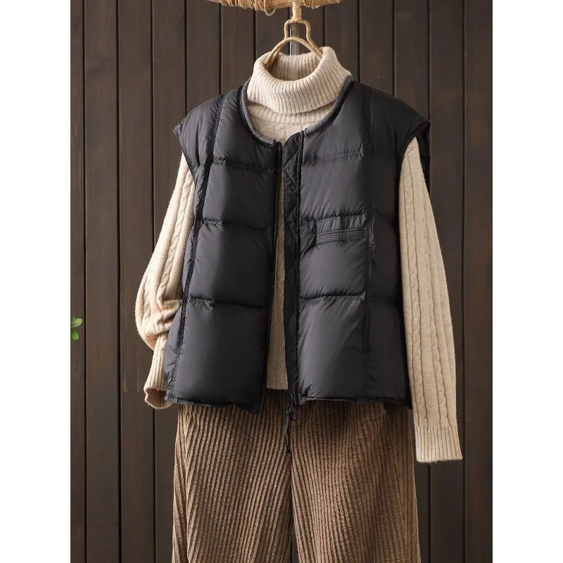 Trendy Women Autumn Winter Short Padded Vest Round Neck Sleeveless Waistcoat Cold Resistant Layering Outerwear