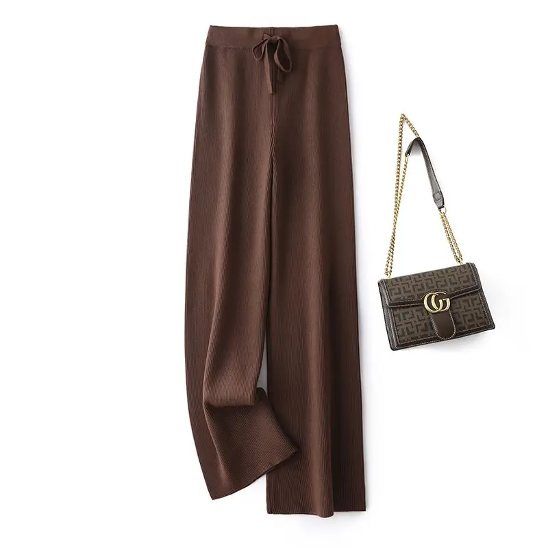 Autumn Winter Women Korean Fashion Cashmere Knitted Wide Leg Pants Female High Waist Thick Straight Trousers Elegant Pantalones