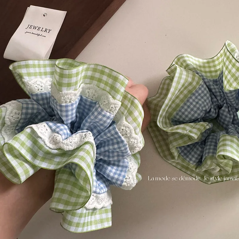 Fresh New Large Scrunchies Lace Blue Green Plaid Fabric Hair Tie Elastic Hair Band Rubber Bands Hair Accessories for Women