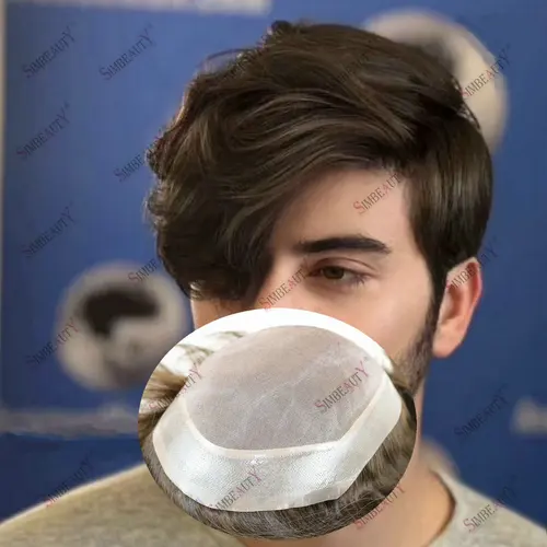 Imagen 2 del producto Peluquín de cabello humano con Base de encaje Mono duradero y transpirable para hombres calvos, sistema de reemplazo de cabello, prótesis capilar