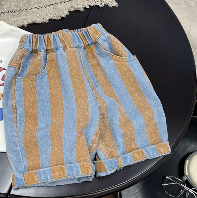 Boys Shorts Striped Jeans Summer 2024 New Preppy Style Middle Pants Baby Summer Knee Length Pants Children Clothes