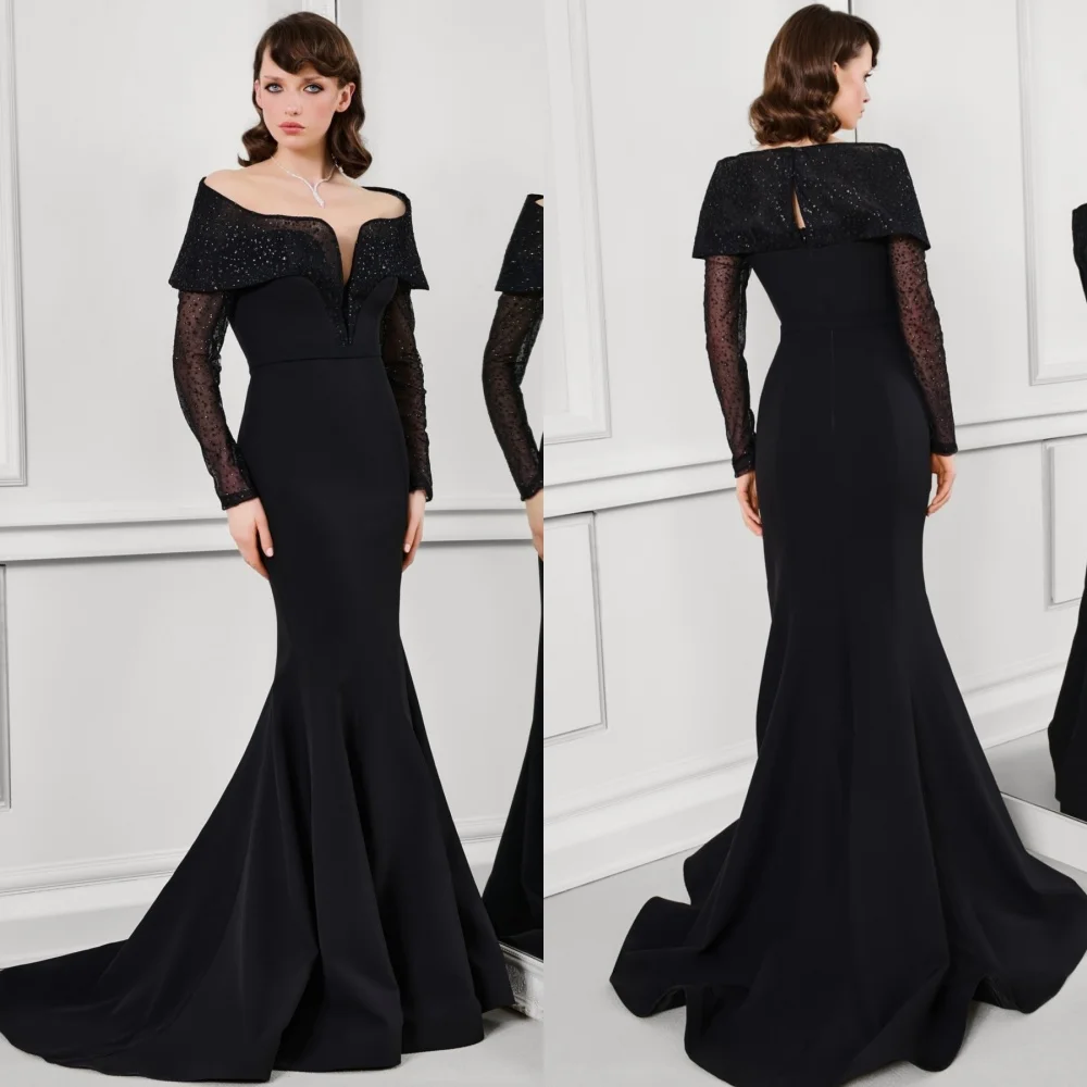 

Customized Exquisite Simple Jersey Sequined Pleat Trumpet Off-the-shoulder Long Dresses Bespoke Occasion Sexy
