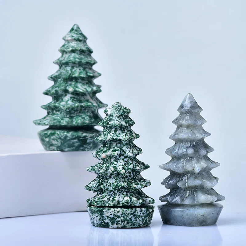 1PC Natural Crystal Qinghai Jade Mold Christmas Tree Statue Hand-Made Carving Gem Healing Home Decor Christmas Gifts Souvenir