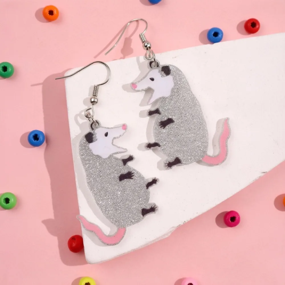 2D Flat Cute Opossum Dangle Earrings Glitter Acrylic Animal Drop Earrings Funny Statement Jewelry for Women Girls Party Gift