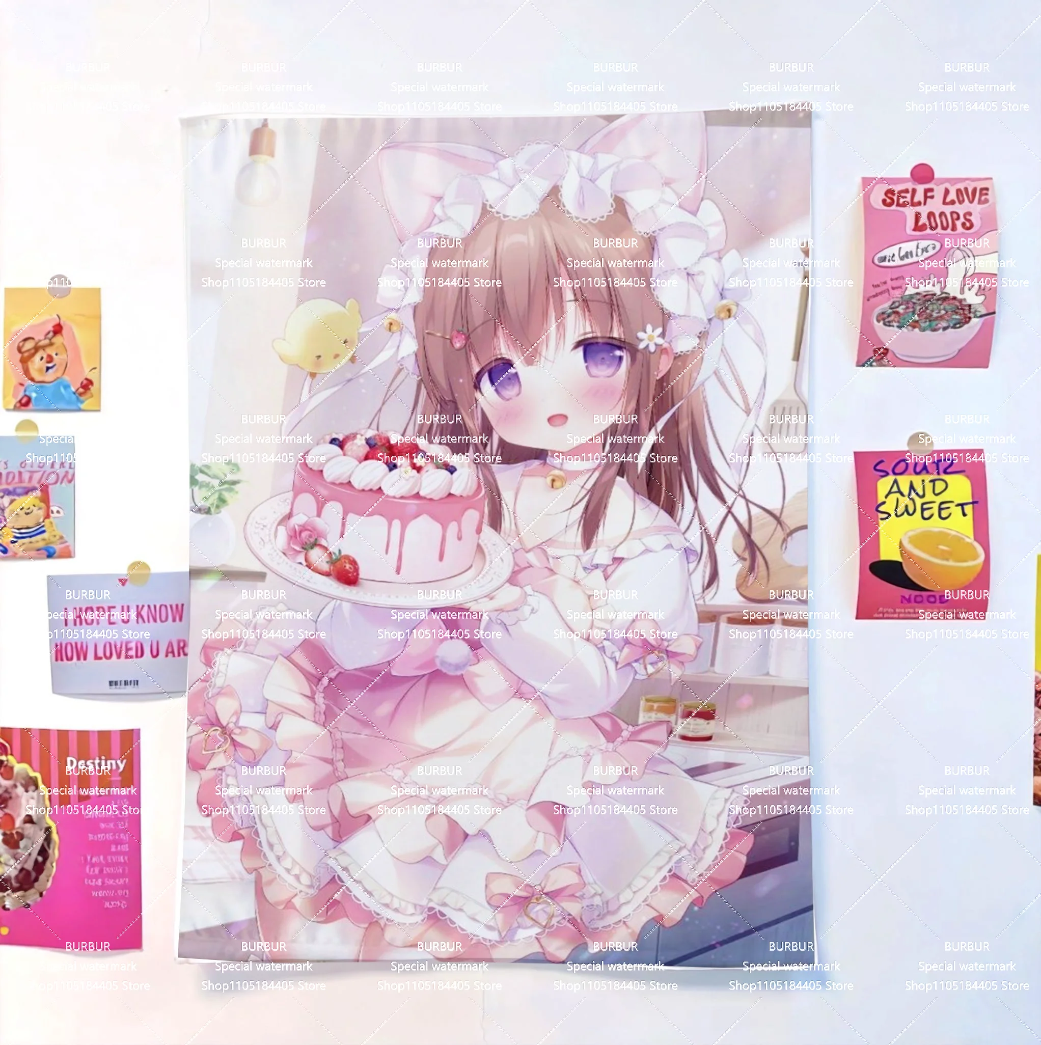 ぴよむちゃ Cat Tea Pink Galgame gemusterter Wandteppich für Schlafsäle, Schlafzimmer, Innenbereich, Wandbehang aus Stoff