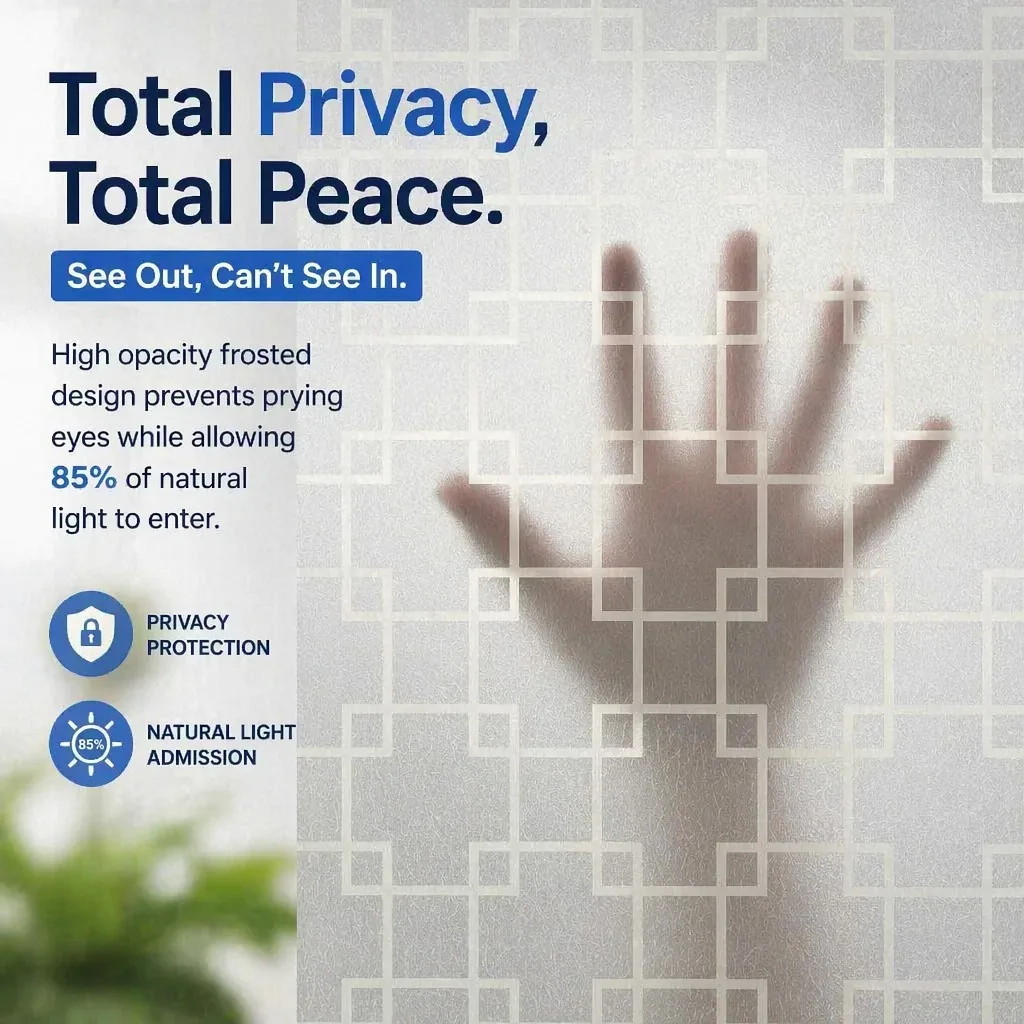 Self Adhesive Frosted Window Film Chinese Geometric Square Lattice Privacy Glass Sticker Anti UV Opaque Window Tint for Bathroom