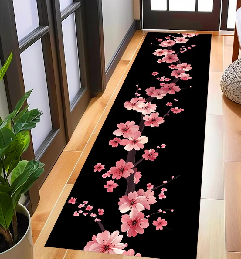 Cherry Blossom Runner Rug Pink Floral Non-Slip Runner Rug Navy Carpet Home Decor Rug Soft Non-slip Floor Mat Living Room Bedroom