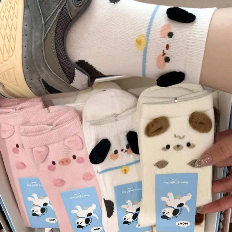 6 Styles Cute Cartoon Socks in Autumn and Winter Sweet Pink Ears 3D Pig Dog Bear Middle Tube Sock Soft Comfortable Japanese Sock