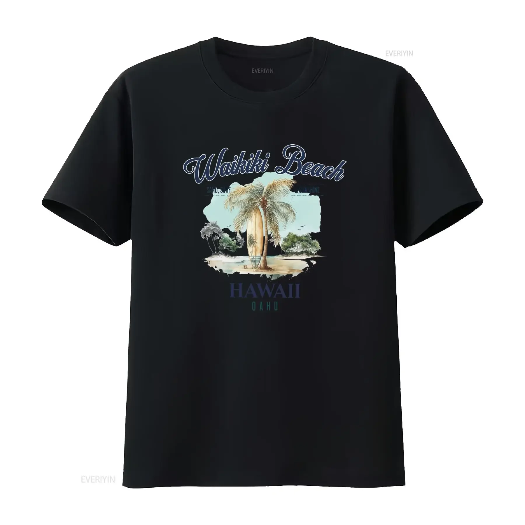 Waikiki Beach T shirt Oahu Hawaii Surfing Design with Palm Tree Sand Surf Sunshine Print vintage Washed Versatile Casual Unisex