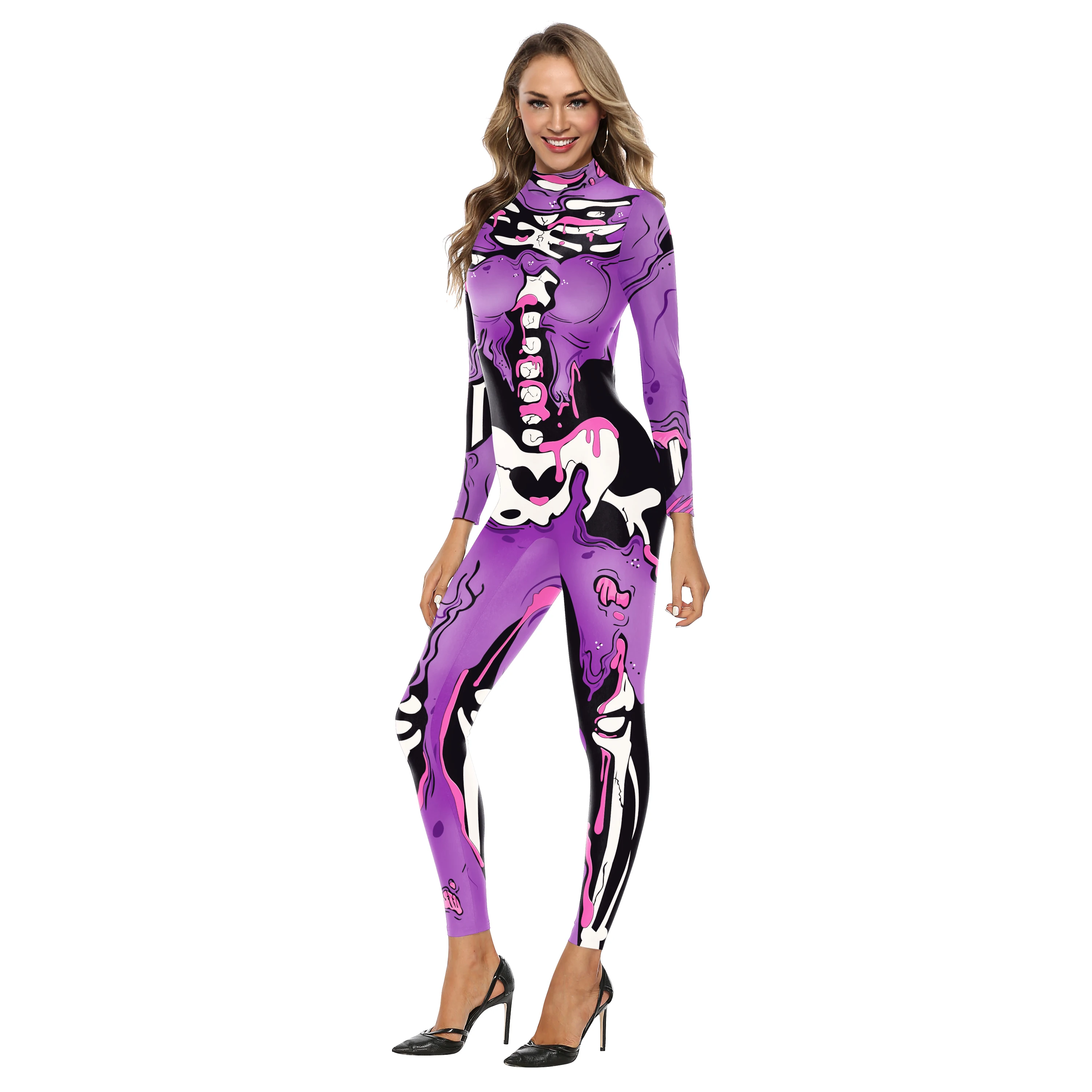 Macacão esqueleto extravagante para mulheres, cor Halloween, traje cosplay crânio, manga comprida, bodysuit magro, zíper, macacão spandex, adulto