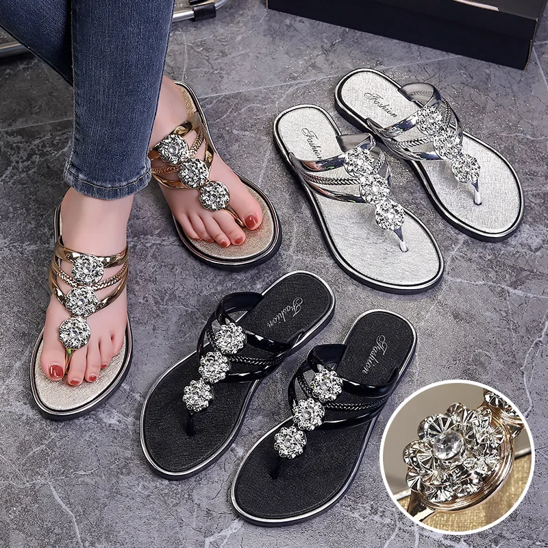 2024 Women\'s Rhinestone Flower Flip Flops Summer Fashion Clip Toe Flat Slide Shoe Casual Indoor & Outdoor Slides Sandalias Mujer