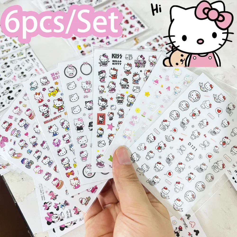 6 pz/set Misto Hello Kitty Unghie Artistiche Adesivi 3D Arco Rosa Gentiluomo Gatto Del Fumetto Decalcomanie Per Unghie FAI DA TE Kawaii Hawaiano Nail Sticker Deco