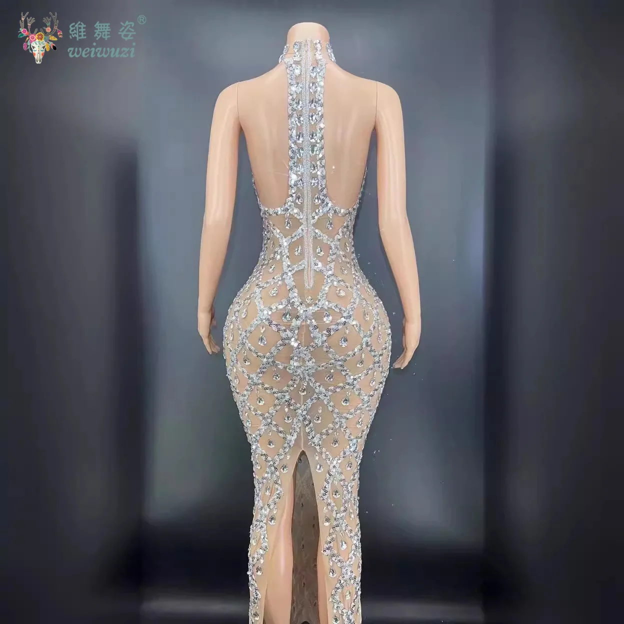 Luxus High-End Sexy Sparkling Diamante High Neck Perspektive Mesh Kleider Mode Promi Abend Cocktail Party Abendkleid