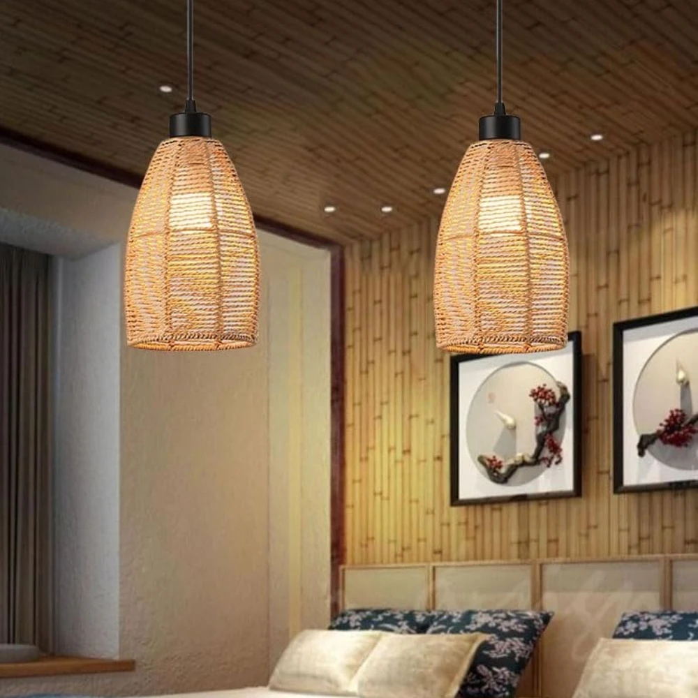 Rattan Chandelier Light Led Light Vintage Boho Style Hanging Light Pendant Lamp for Home Room Decoration Lighting Fixture E27