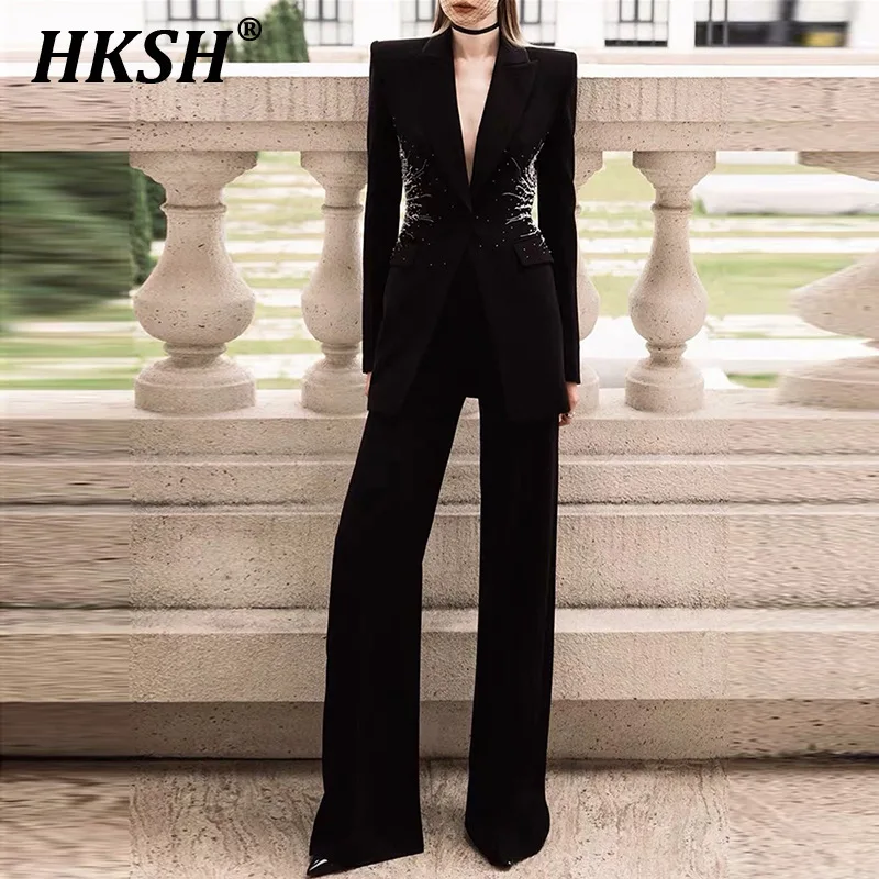 HKSH Spring Autumn New Women Fashion Nail Bead Inlaid Diamond Single Button Blazer Chic Elegant Suit Pants Two-Piece Set HK3232