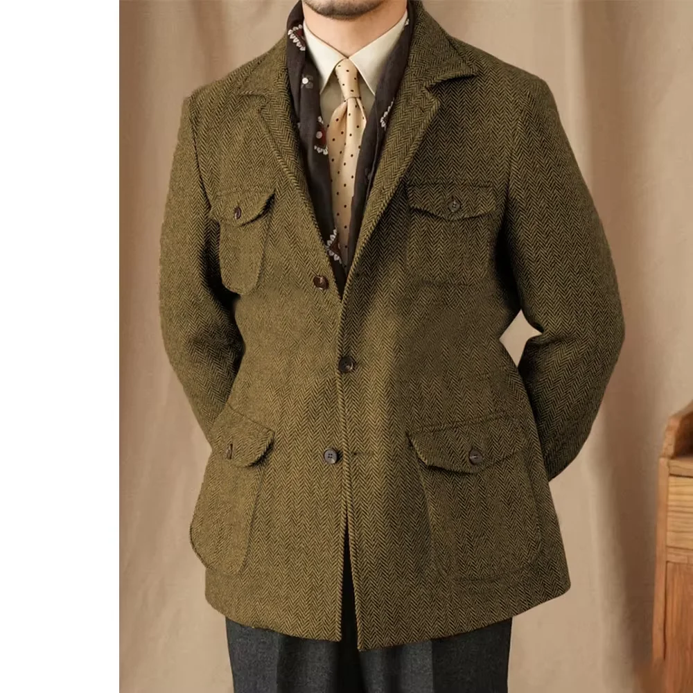 Men's Suits Vintage Herringbone Tweed Blazer British Wool Blend Double Breasted Lightweight Casual Sport Coat Formal Jacket