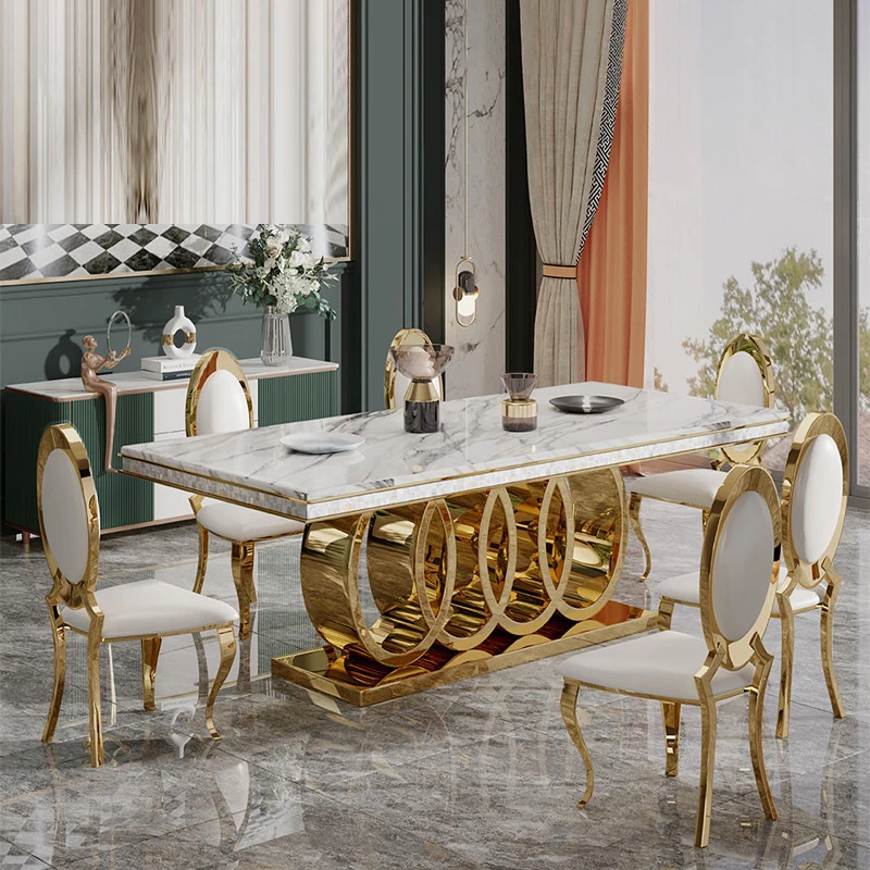 

Modern luxury rectangular gold dining table set 6 seats 4 chairs metal dining room furniture marble top dining table set