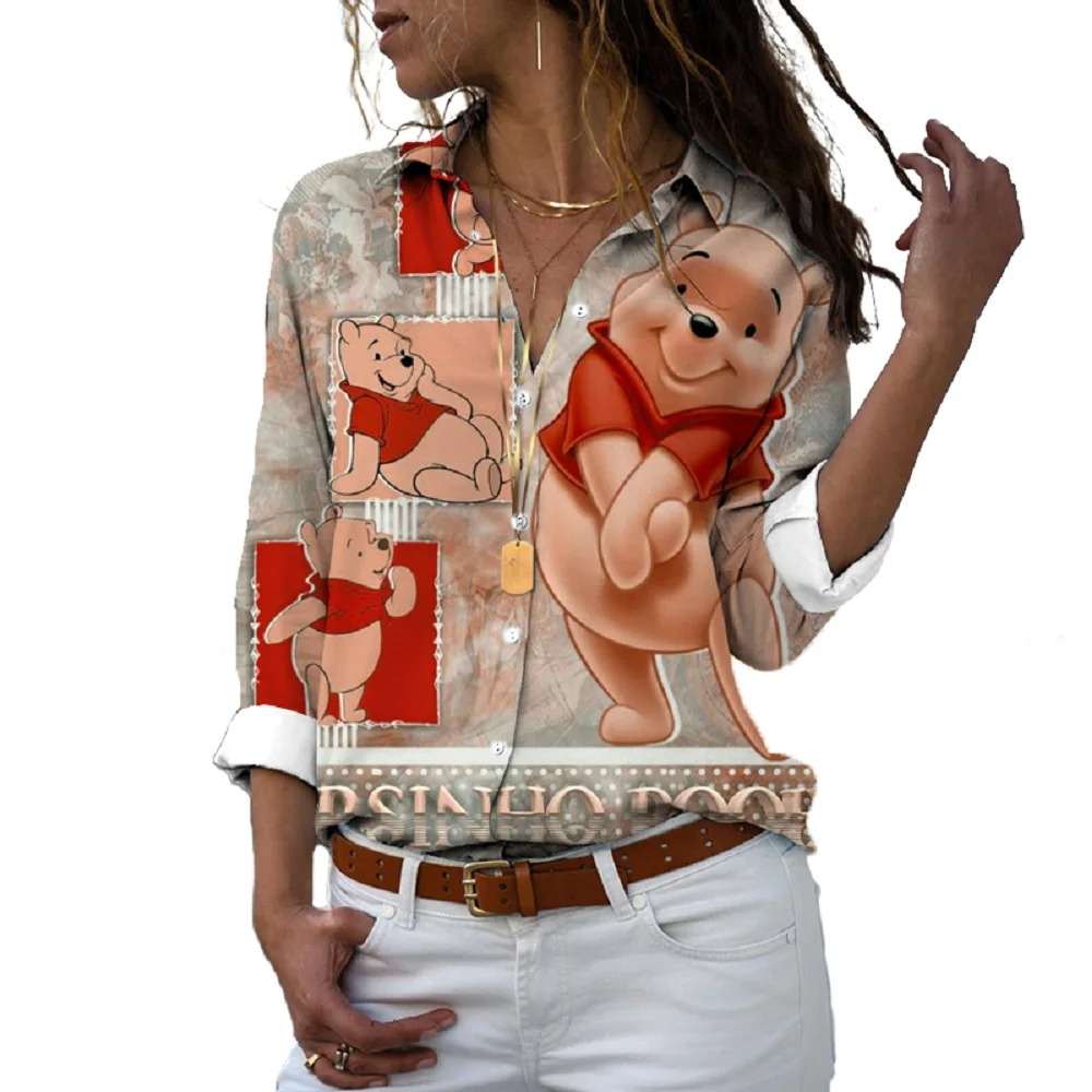 New 2024 Harajuku Slim Fit 3D Printed Women's Button Up Long Sleeve Lapel Mickey Minnie Casual Cute Shirt y2k