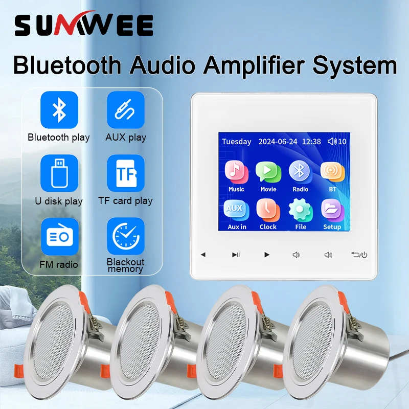 Multilingual home power Bluetooths audio in wall amplifier stereo music player sound controls panel syatem with ceiling speakers