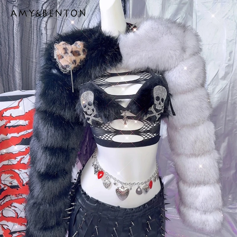 

2025 Autumn Winter New Y2K Hot Girl Punk Short Women's Coat Original Design Sexy Leopard Pin Metal Chain Faux Fur Jackets Ladies