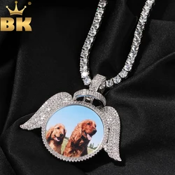 TBTK Custom Round Angel Wings Photo Pendant Necklace Iced Out CZ Personalized Sublimation Memory Medallions HipHop Jewelry Gift