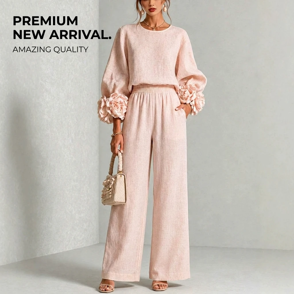 2 Piece Pants Set for Women Long Sleeve Top with 3D Flower Cuffs and Wide Leg Trousers Elegant Commuter Outfit image 2