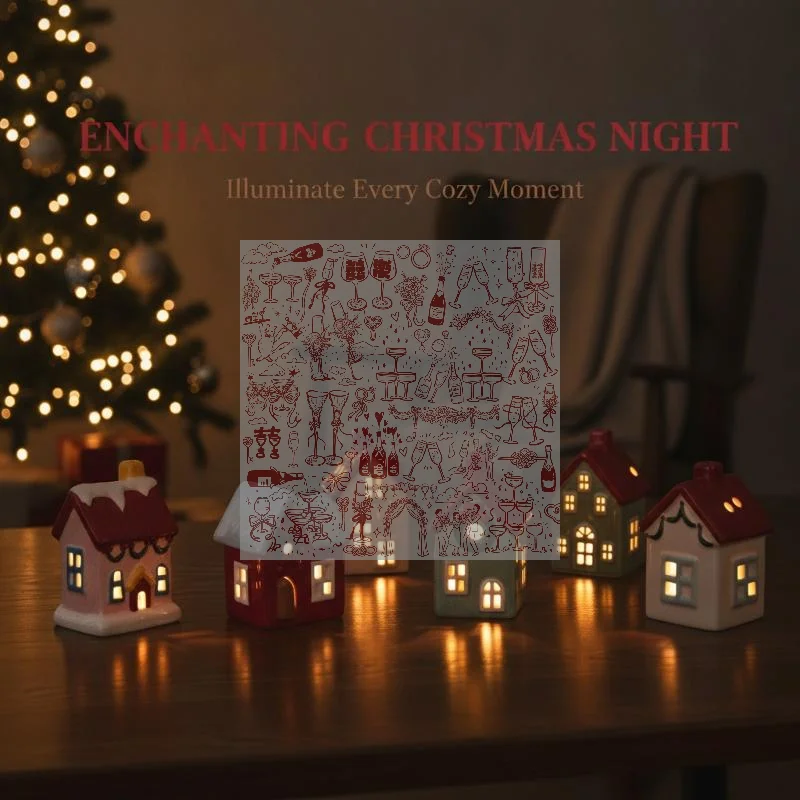 Christmas Desktop Red And White Color Ceramic Glowing Village House LED Light Up Porcelains Statue Figurine Festival Home Decor
