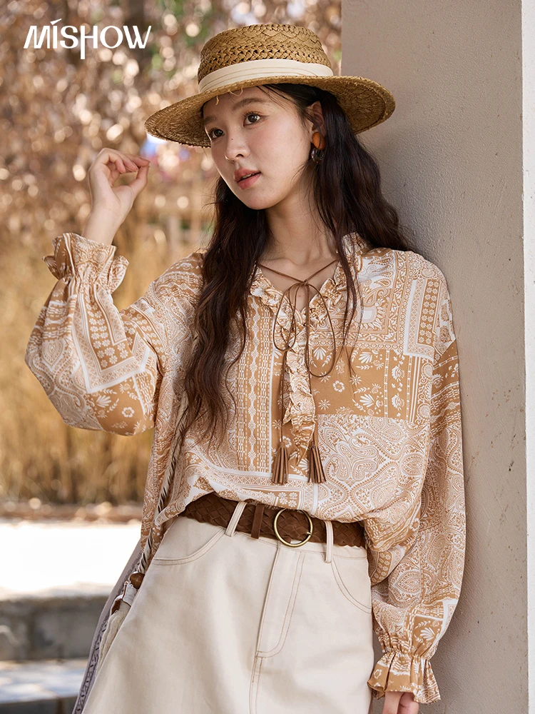 

MISHOW French Long Sleeve Lapel Blouse for Women Autumn 2025 Bohemia Tassel Lace-up Pullover Top Vacation Blouses MXE43X1988