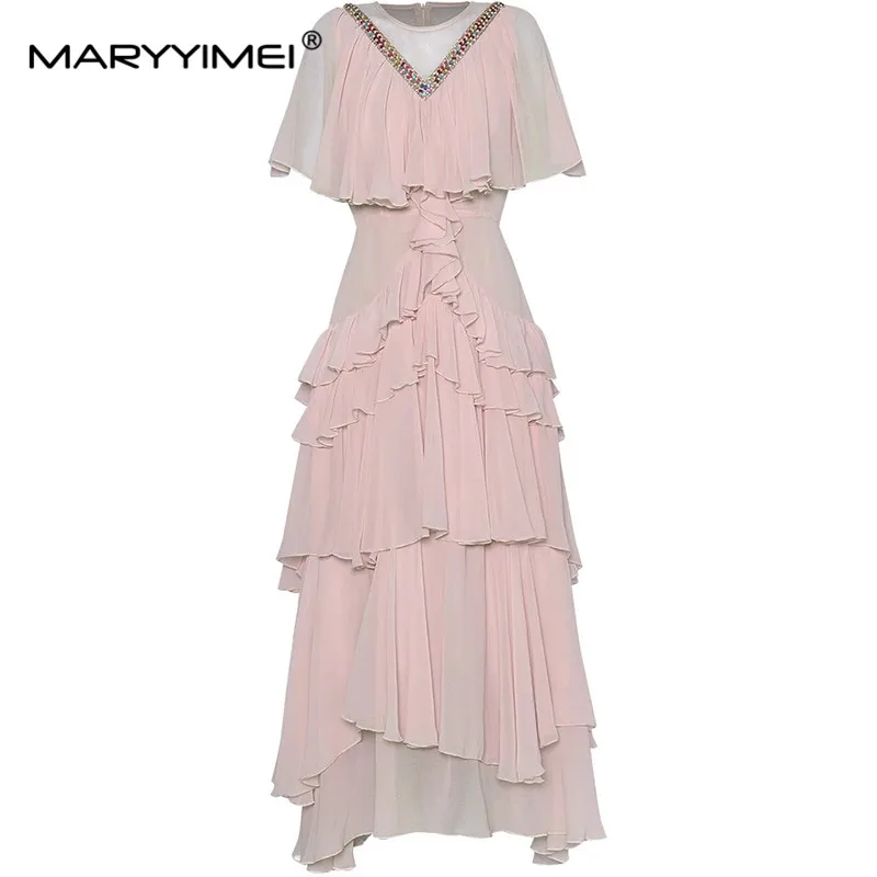 

MARYYIMEI Women's Elegant Sweet Palace Style Dress Beading Butterfly Sleeve High Waiste Tiered Ruffles Chiffon Big Swing Dresses