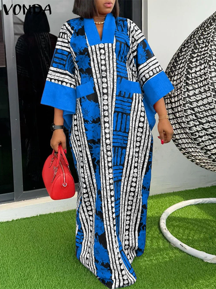 

Plus Size VONDA Print Dress Women Summer Party Maxi Vestido 2025 Vintage V-Neck 3/4 Sleeve Casual Oversize Bohemian Robe 5XL