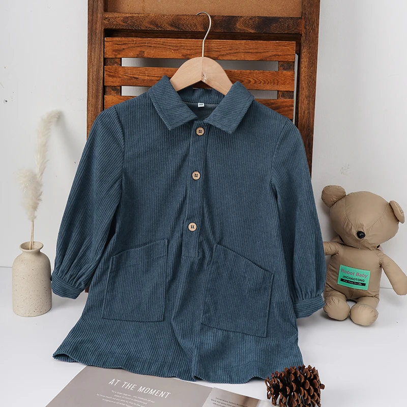 Lässiges Cordkleid für Mädchen 2026 Retro Herbst Neu Kinderkleid mit Revers Knöpfen Langarm mit Taschen Winterkleidung – Detail 25