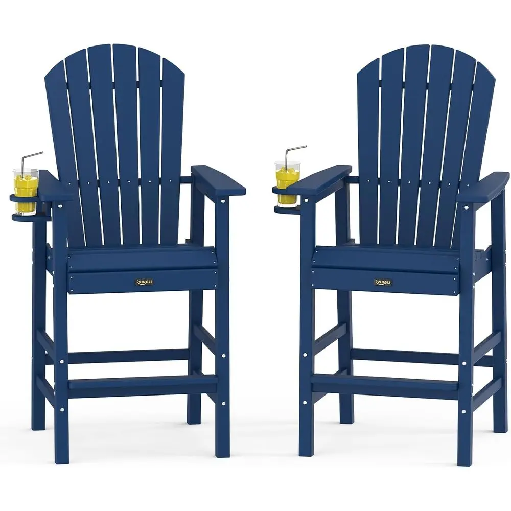 

Set of 2 Weather-Resistant Plastic Adirondack Chairs with Cup Holders, Ideal for Outdoor, Patio, Pool, and Backyard Use (Navy Bl
