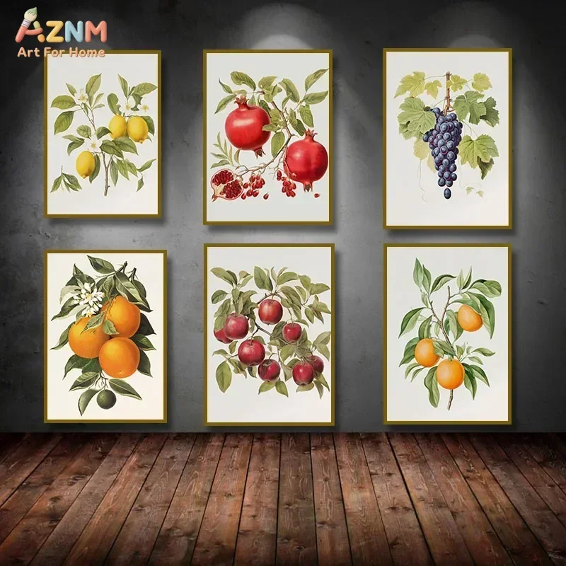AZNM Vintage Botanical Fruit Canvas Wall Art Pomegranate Orange Grape Apple Print Unframed Canvas Painting for Kitchen Dining Ro