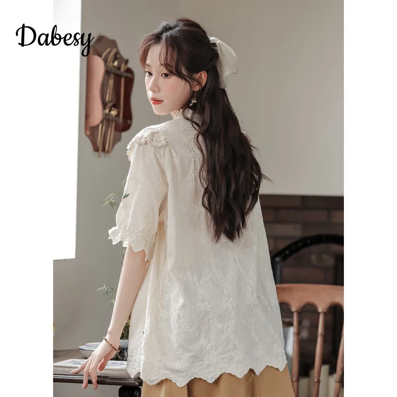 Vintage Lolita Ruffles Embroidery Cotton Shirt Women Summer Japan Mori Girl Lace-up Puff Sleeve Blouse Sweet Kawaii Casual Tops